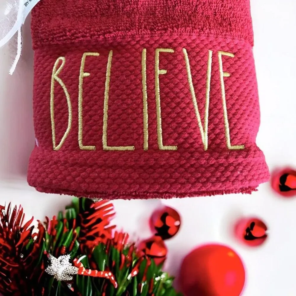 Rae Dunn Christmas Believe Red Gold Hand Towels Guest Bath Embroidered Set of 2